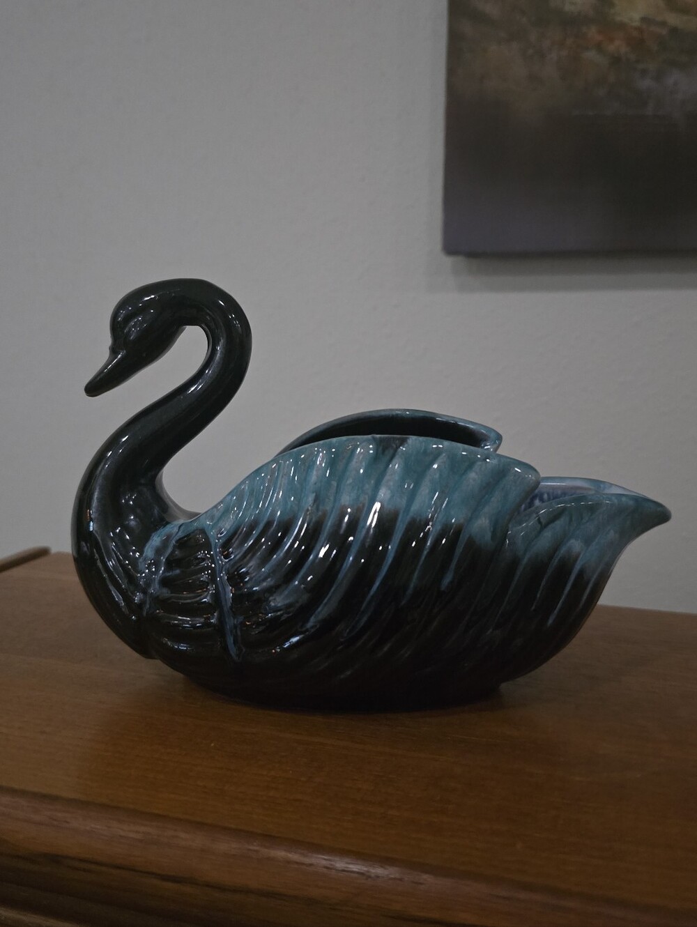 Vintage Swan Pottery Glossy Teal Ceramic Swan Planter